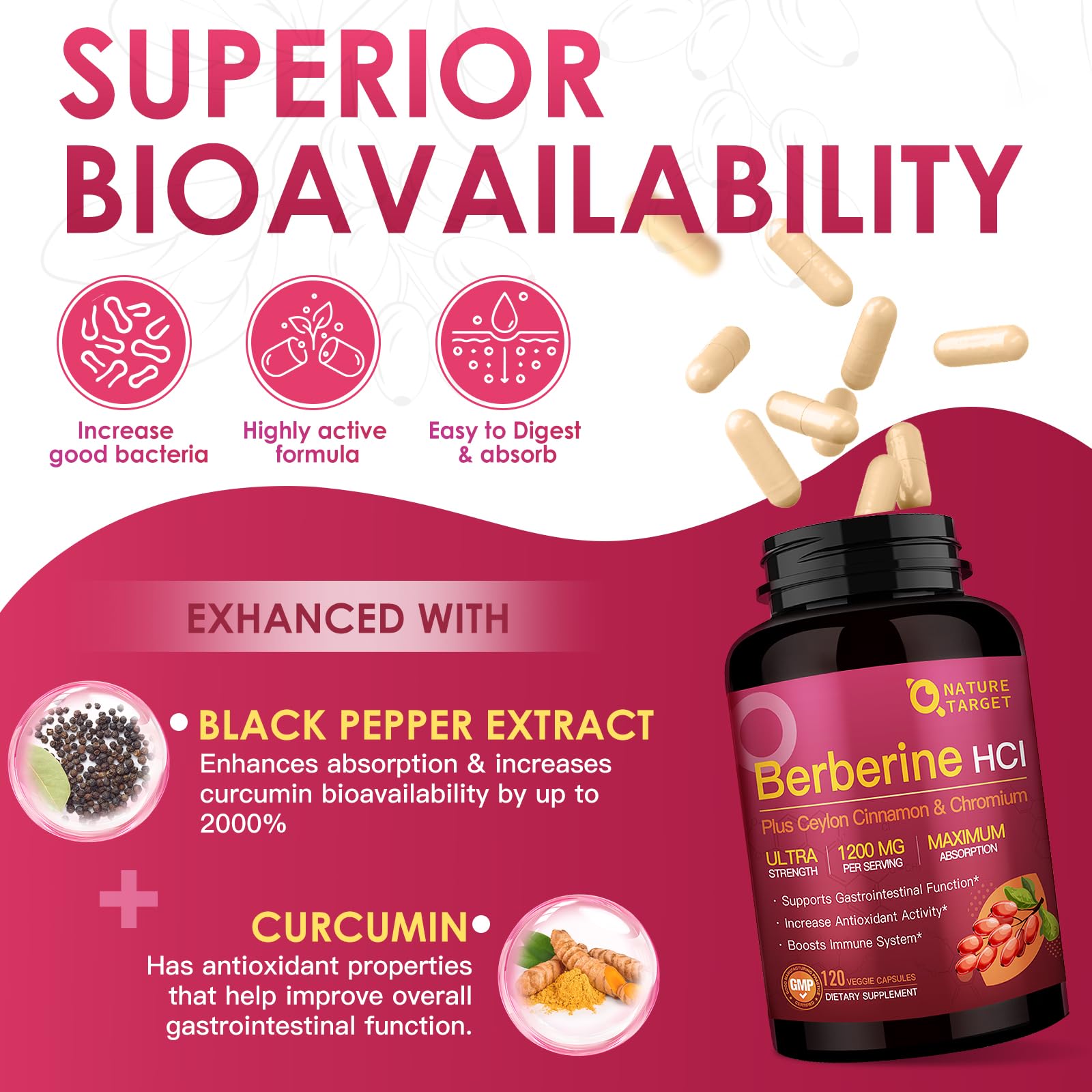 Nature Target Berberine HCl packaging with GMP seal signaling quality.