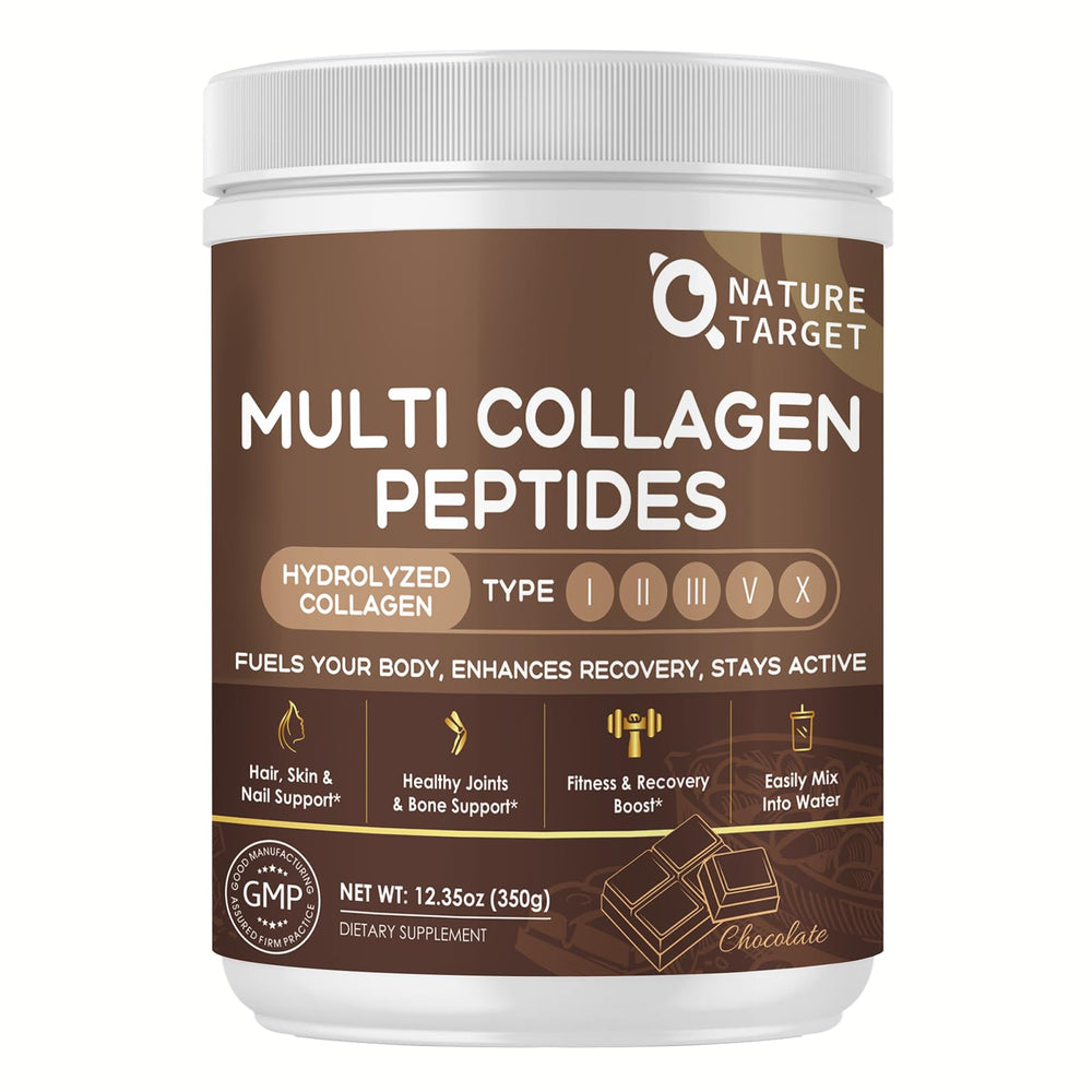 Nature Target Chocolate Multi Collagen Powder jar supports skin hydration and joint comfort.