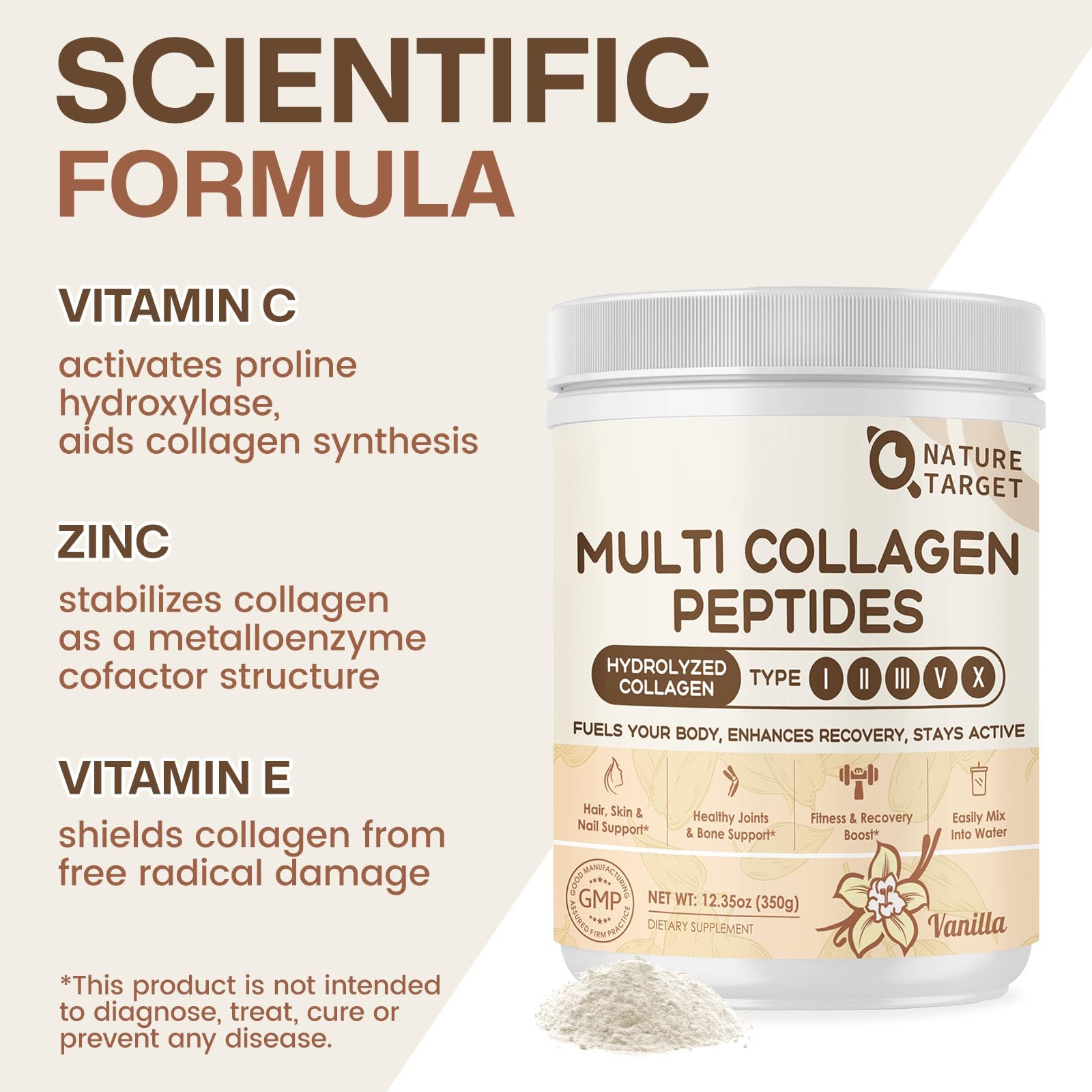 Nature Target collagen powder scoop beside a tea setup for easy daily intake
