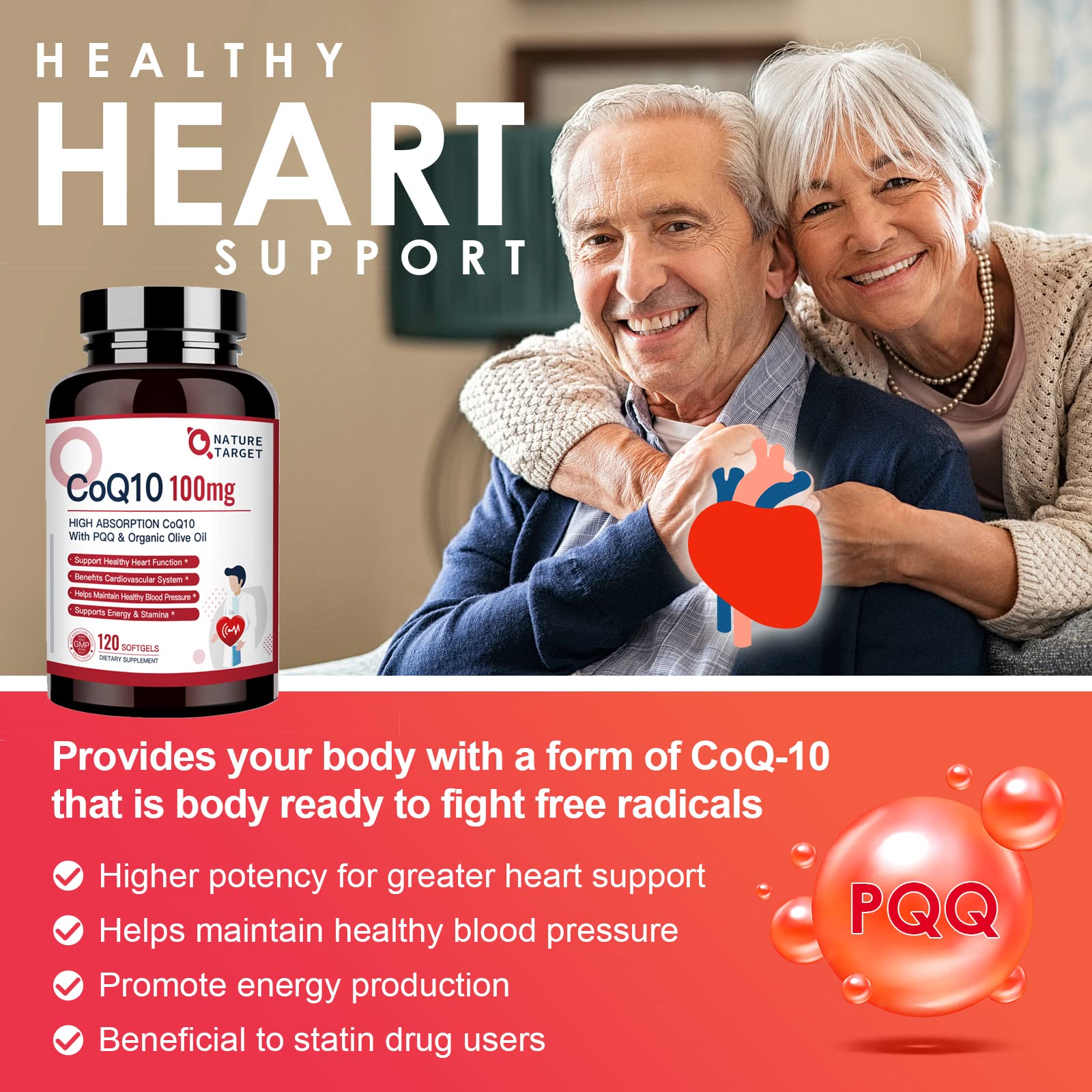 Close-up of Nature Target CoQ10 softgels highlighting smooth texture for daily use