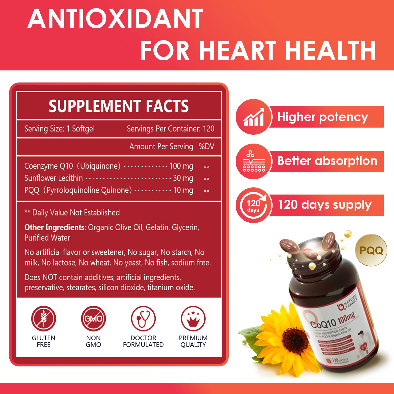 Nature Target CoQ10 softgels in olive oil bottle for enhanced absorption