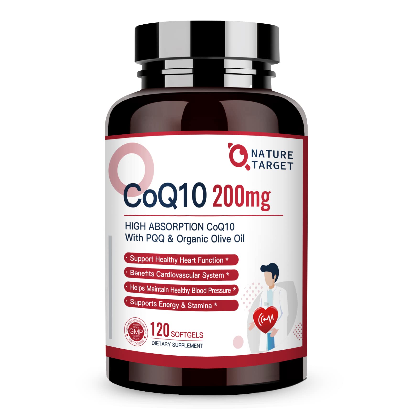 Nature Target CoQ10 bottle with olive oil; enhanced absorption for heart health.