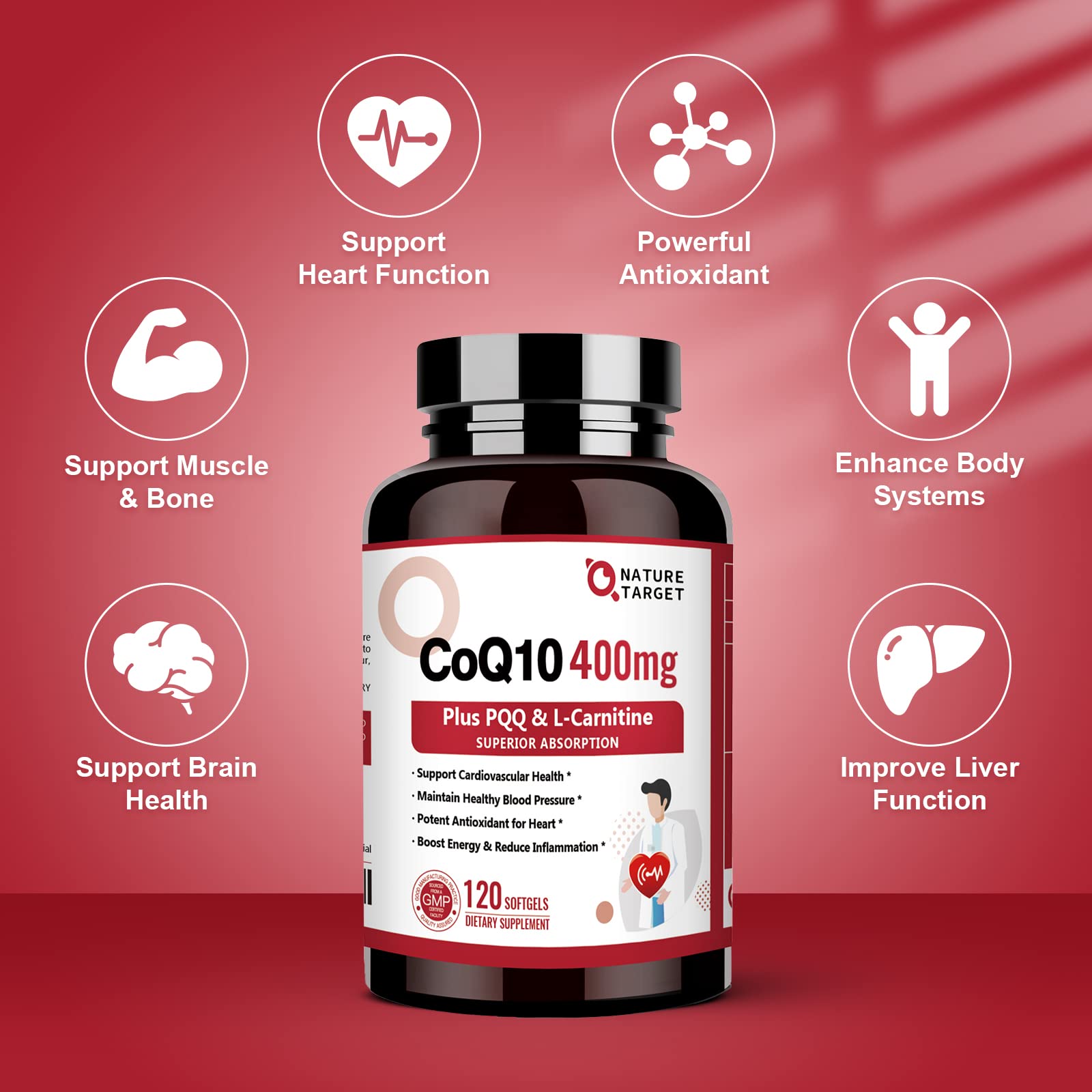 Nature Target CoQ10 400mg label with BioPerine for improved absorption