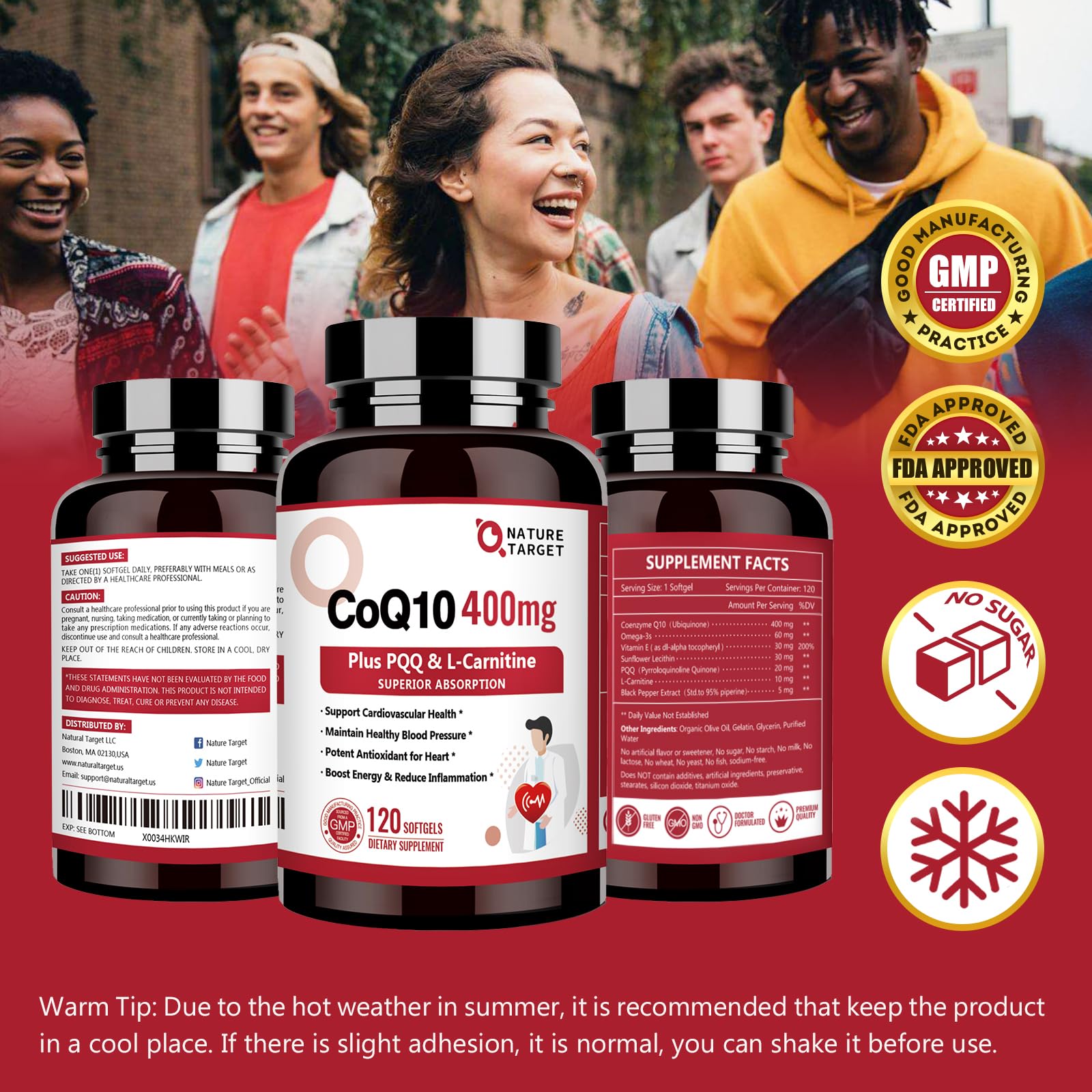 Nature Target CoQ10 400mg daily use bottle in kitchen setting