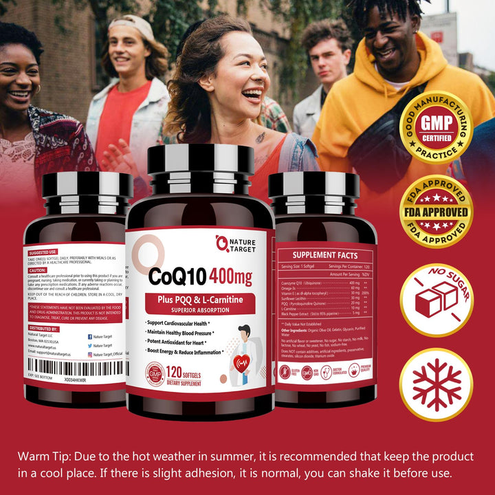 Nature Target CoQ10 400mg daily use bottle in kitchen setting