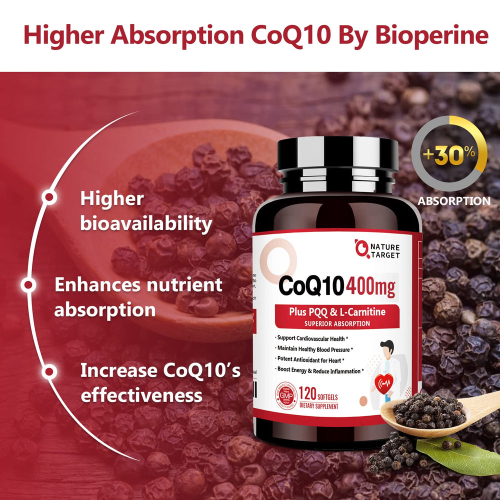 Nature Target CoQ10 400mg bottle with omega-3 and PQQ icons