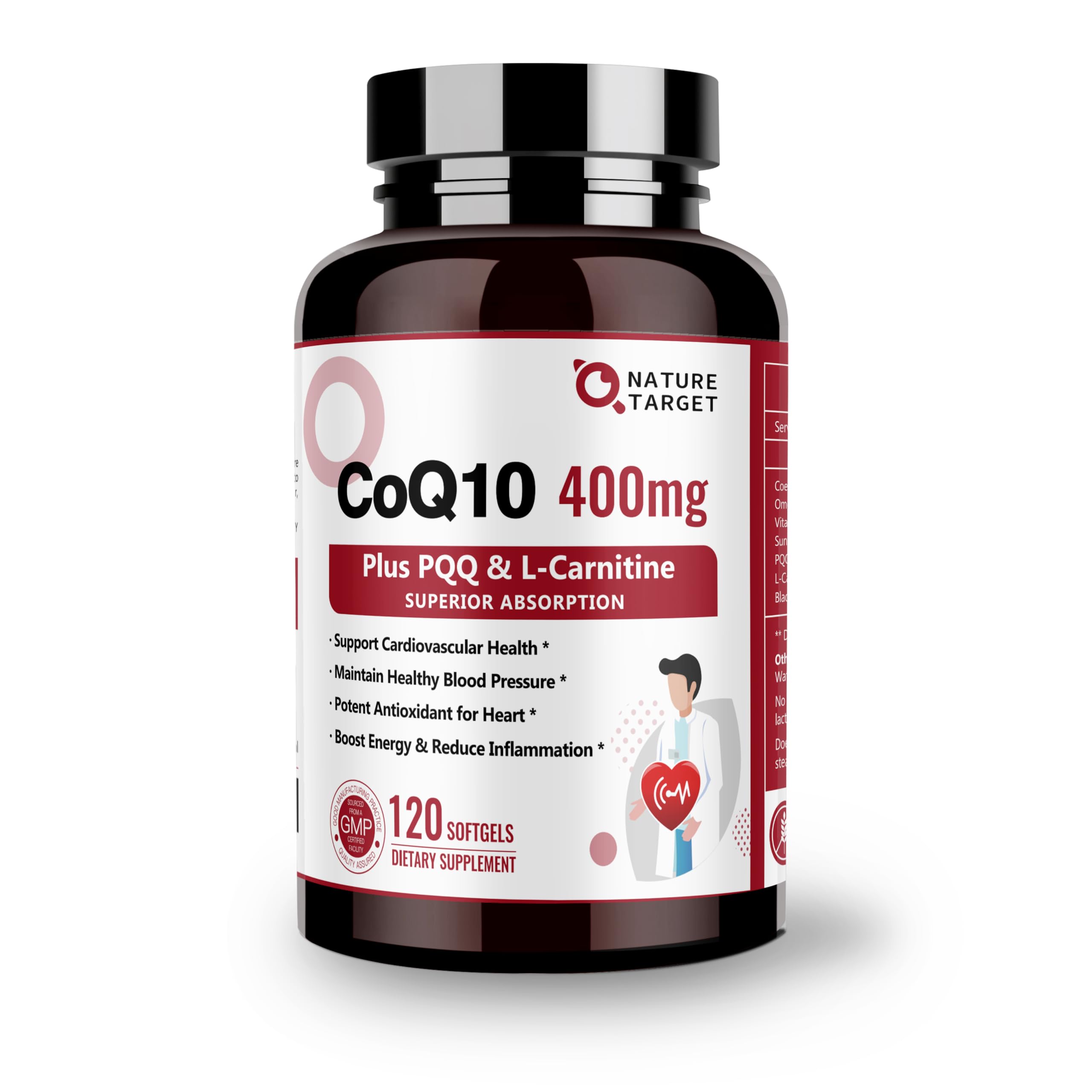 Nature Target CoQ10 400mg softgels bottle showing antioxidant support for heart health