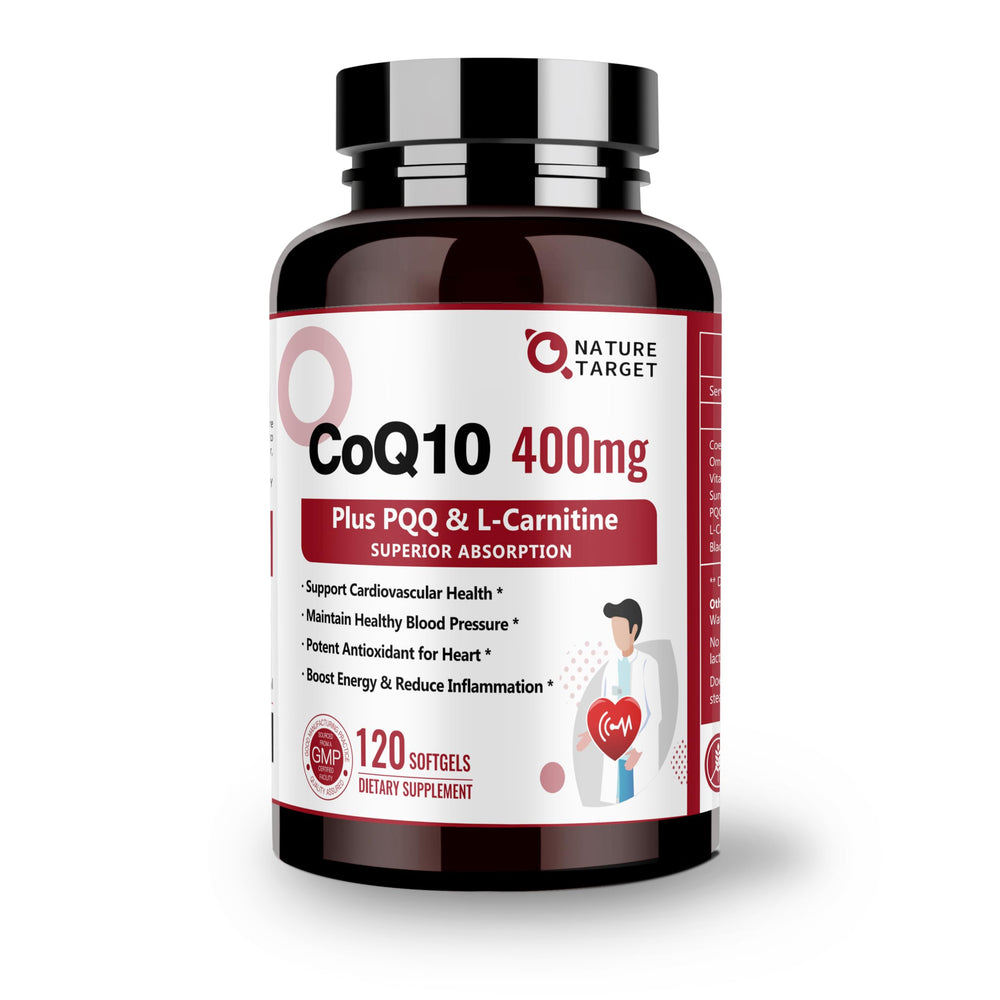 Nature Target CoQ10 400mg softgels bottle showing antioxidant support for heart health