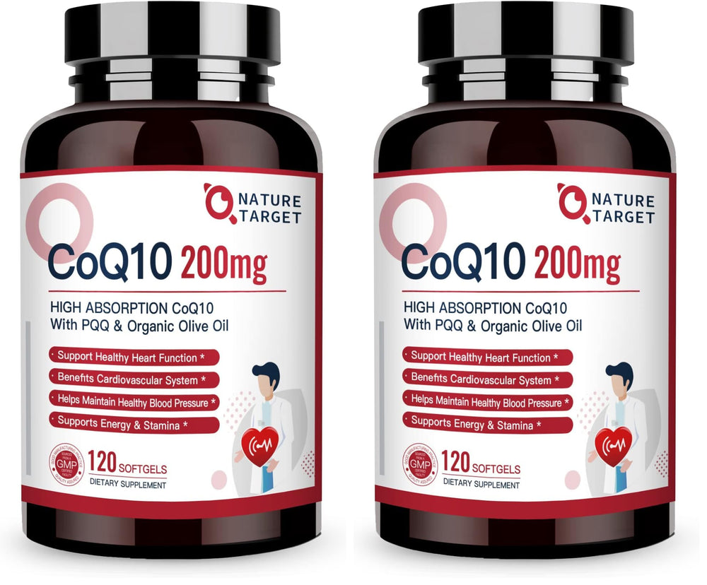 Nature Target CoQ10 softgels bottle supports daily heart health and energy.