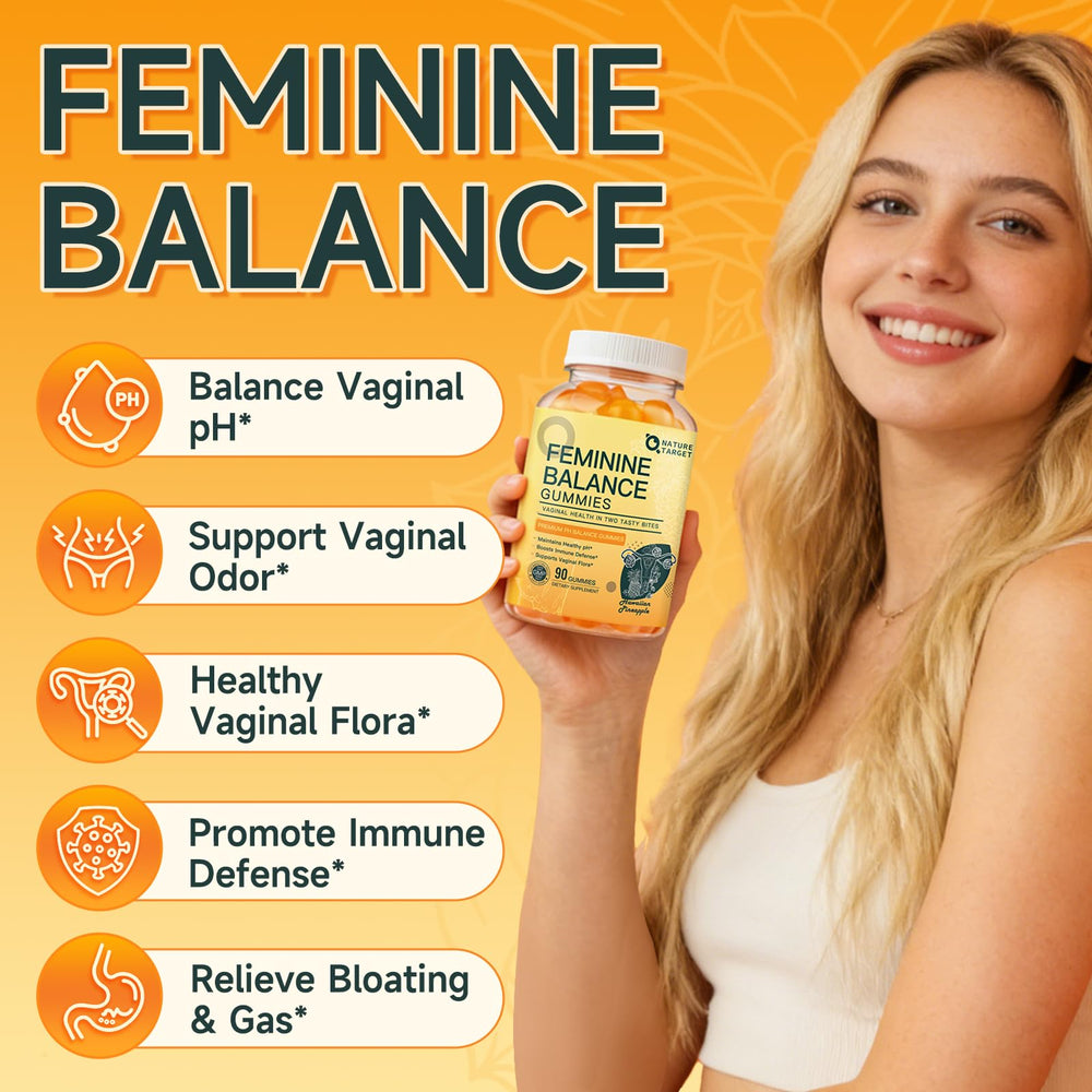 Close-up of Feminine Balance gummies showing pineapple flavor and chewy texture