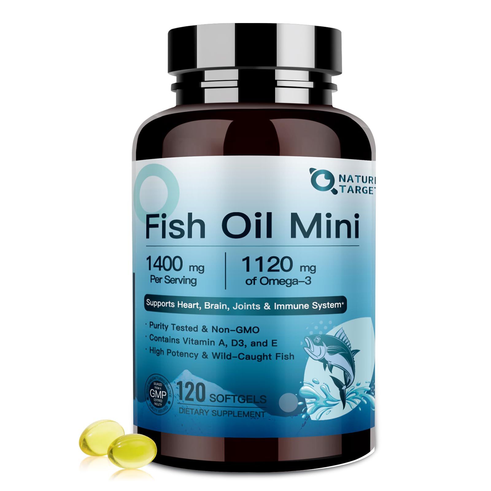 Nature Target Fish Oil Mini bottle with easy-swallow, low-odor formula.