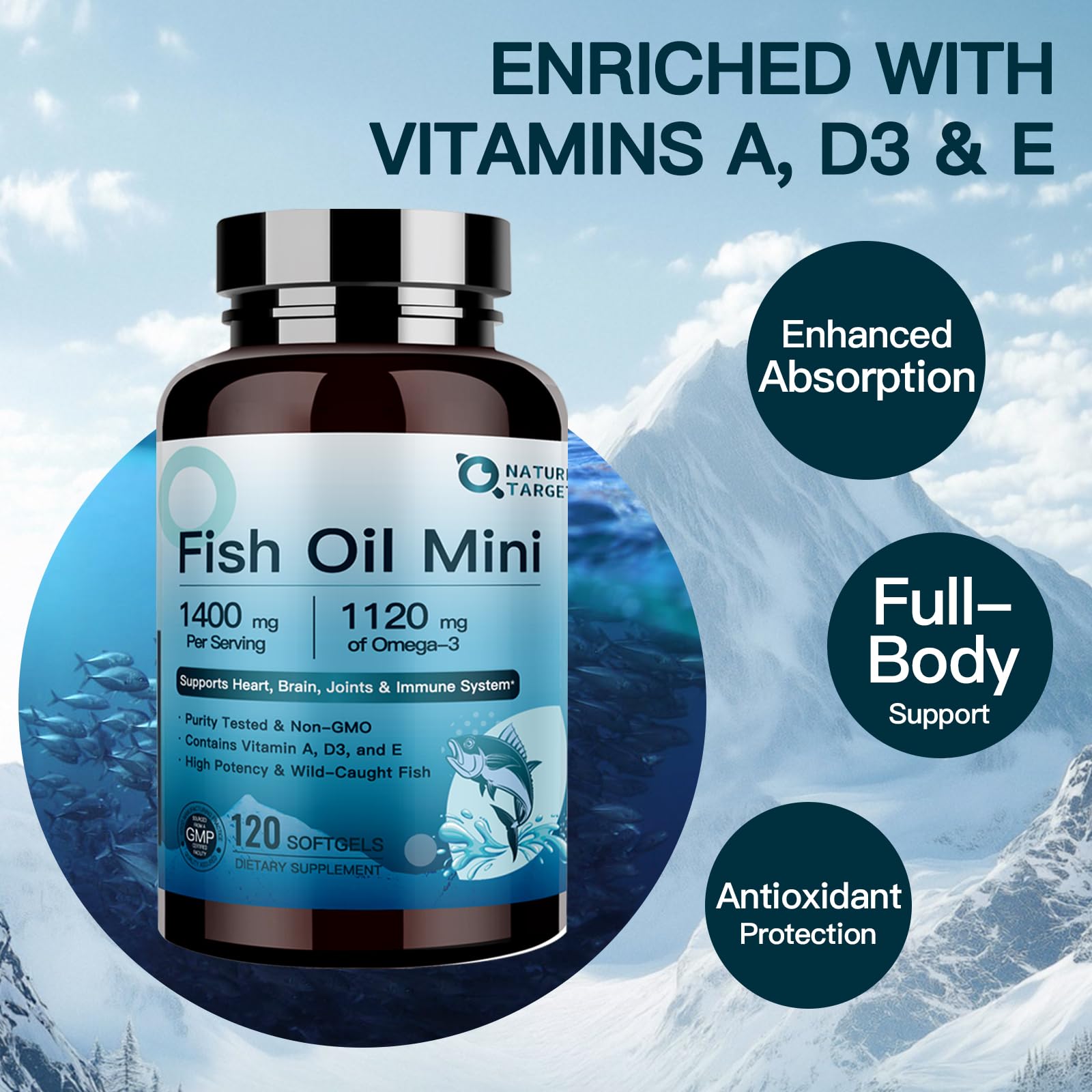 Nature Target Fish Oil Mini gel close-up showing smooth texture.