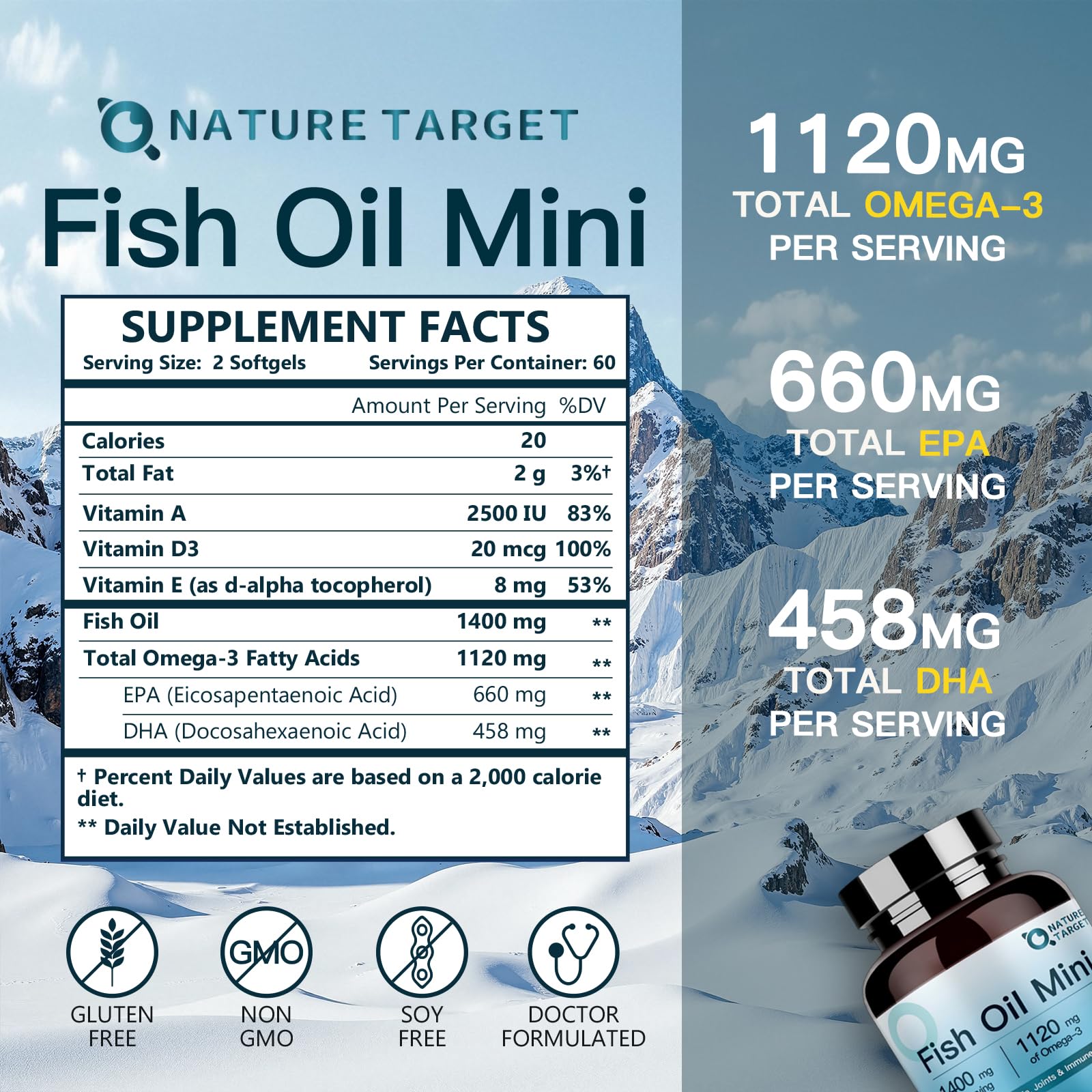 Nature Target Fish Oil Mini softgels close-up showing high-potency omega-3.