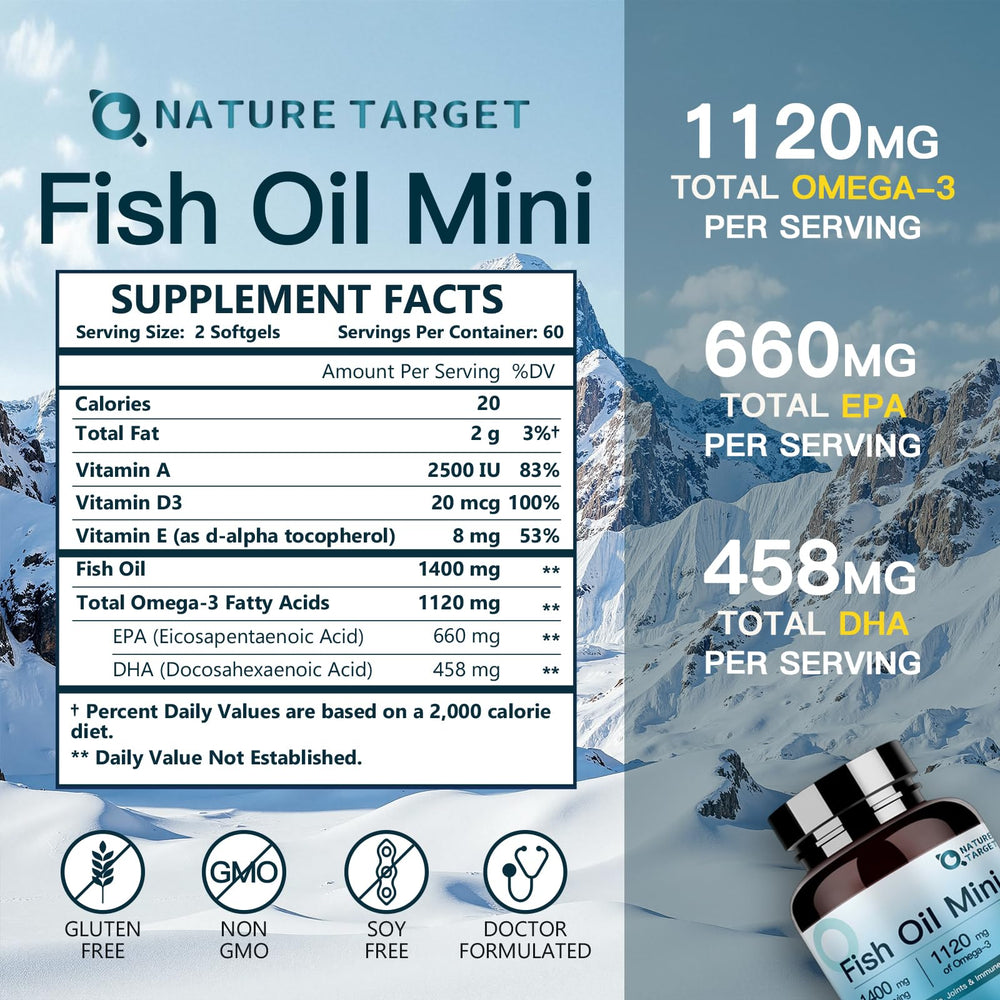 Nature Target Fish Oil Mini softgels close-up showing high-potency omega-3.