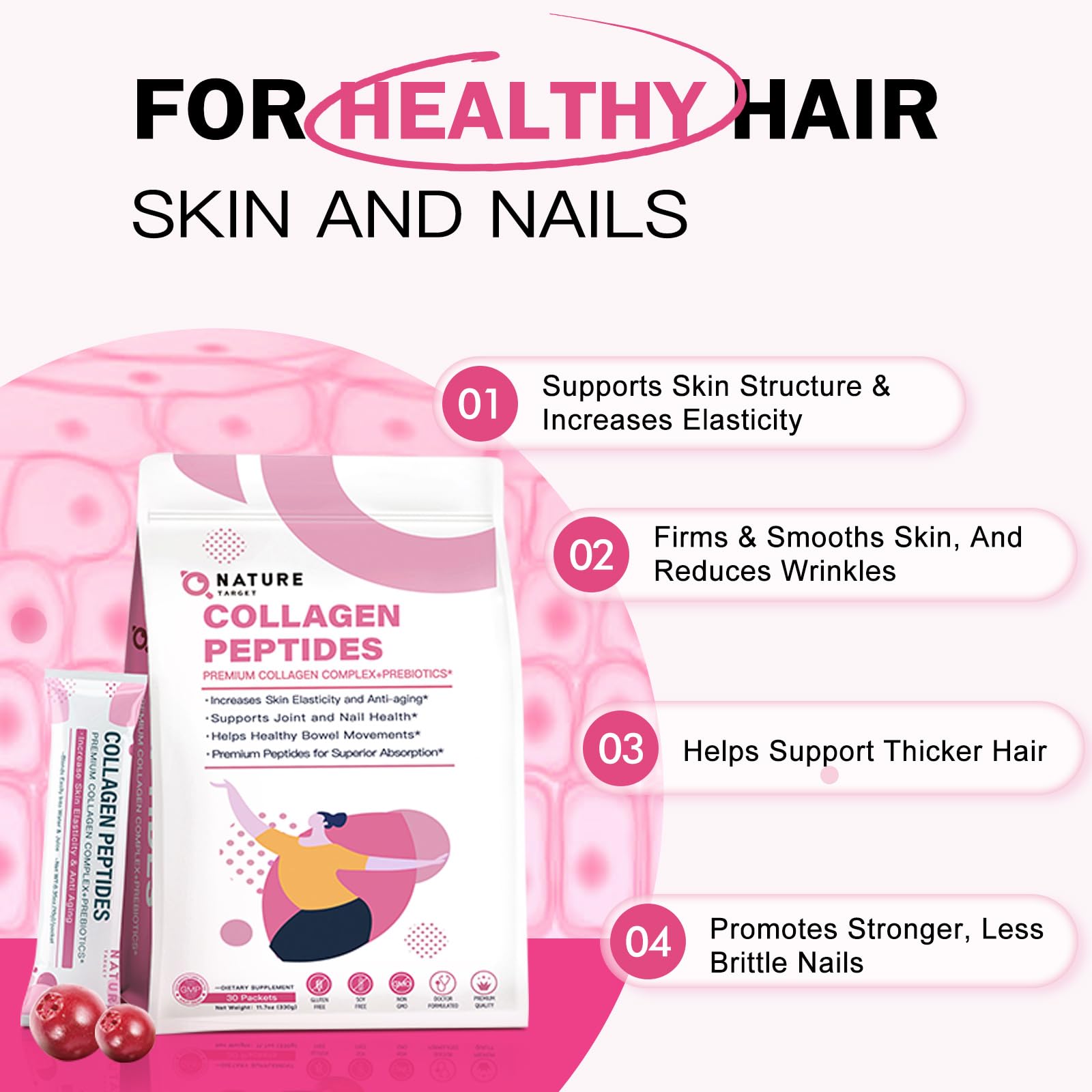 Nature Target hydrolyzed collagen peptides dissolving quickly in water for easy use.