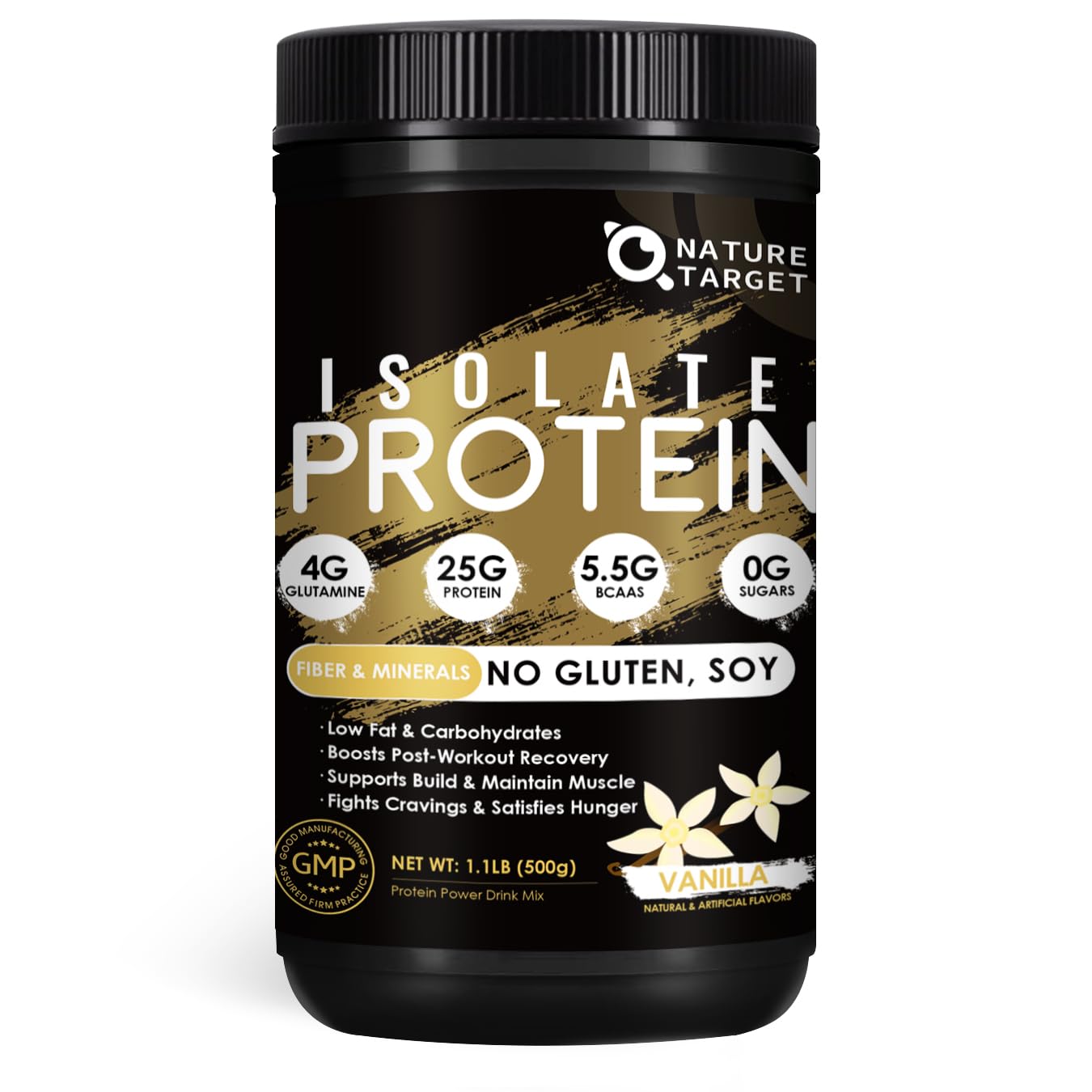 Nature Target Isolate Whey Vanilla powder close-up highlighting a premium protein option.