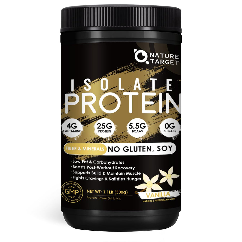 Nature Target Isolate Whey Vanilla powder close-up highlighting a premium protein option.