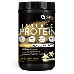 Nature Target Isolate Whey Vanilla powder close-up highlighting a premium protein option.