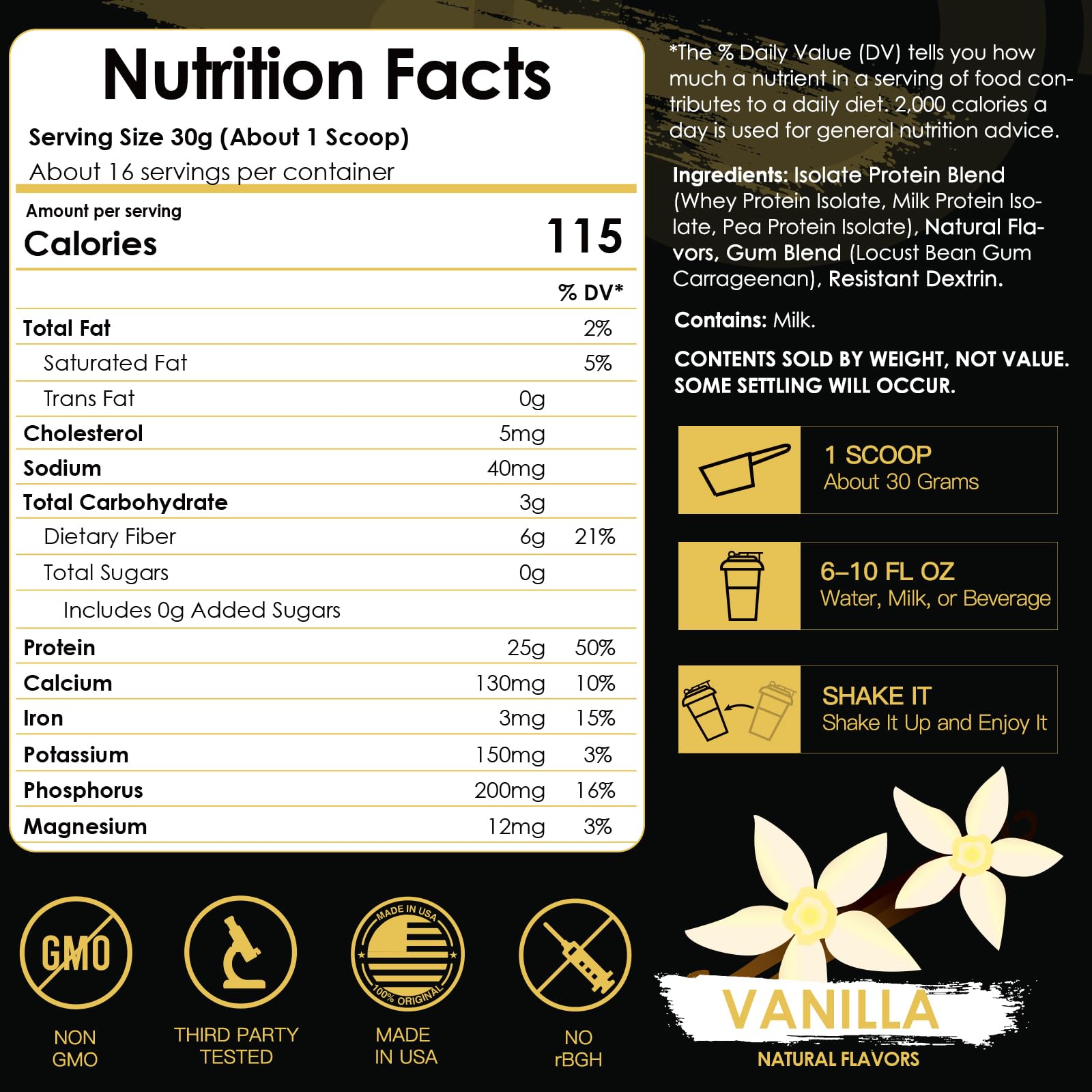 Nature Target Isolate Whey Vanilla serving label emphasizes sugar-free and low-carb profile.