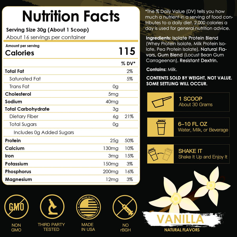 Nature Target Isolate Whey Vanilla serving label emphasizes sugar-free and low-carb profile.