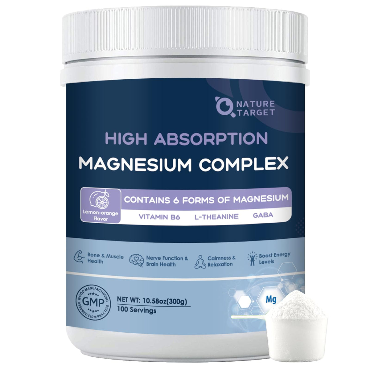 NATURE TARGET magnesium complex bottle showing six forms for versatile daily support.