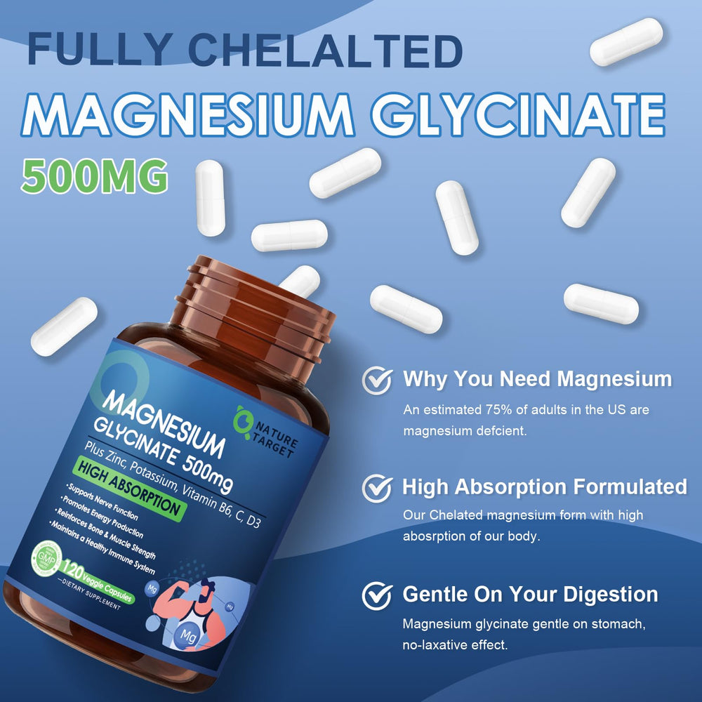 Nature Target magnesium glycinate capsules close-up showing vegan, easy-to-swallow form.