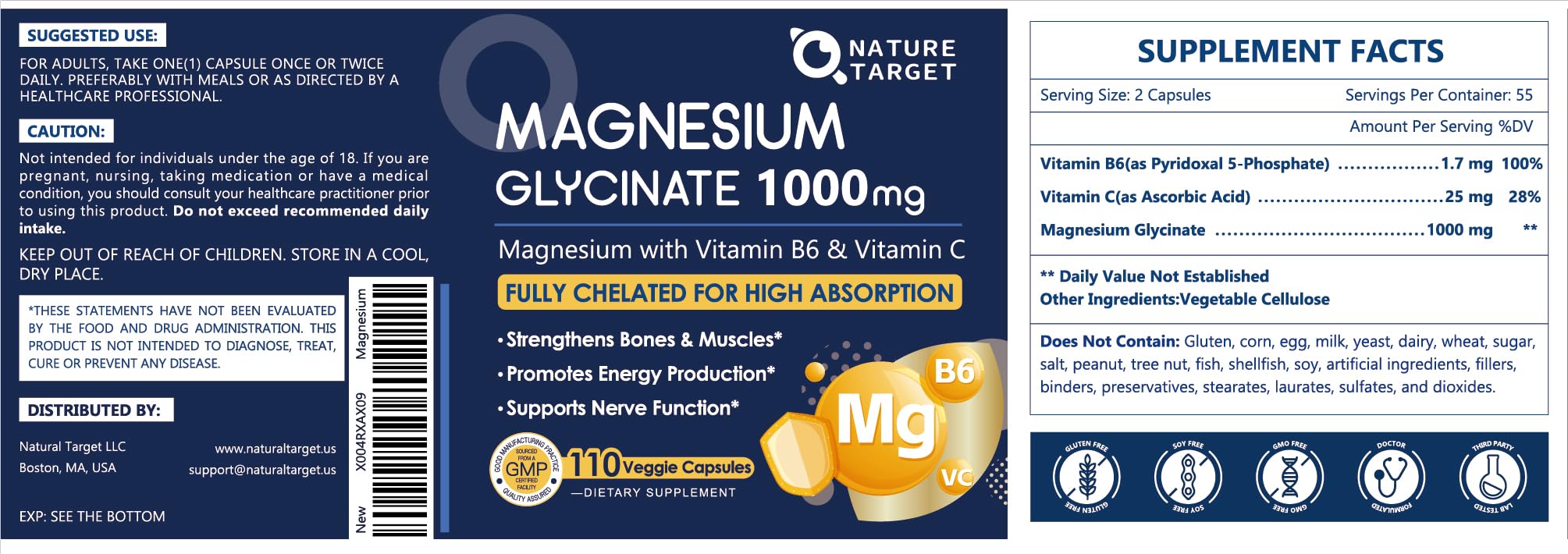 Vegan-friendly, non-GMO Nature Target magnesium glycinate capsules.