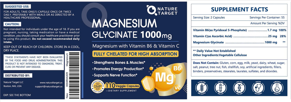 Vegan-friendly, non-GMO Nature Target magnesium glycinate capsules.