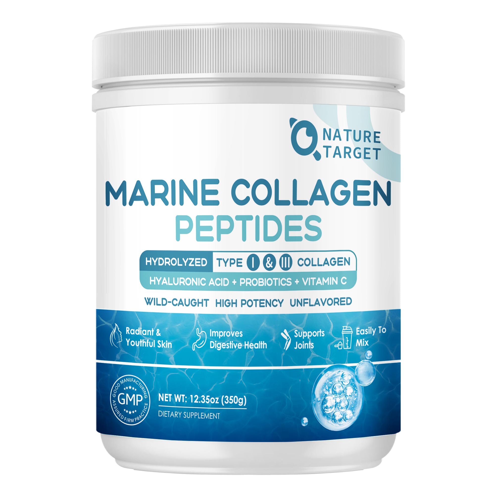 Nature Target Marine Collagen bottle with triple formula for skin and hair support.