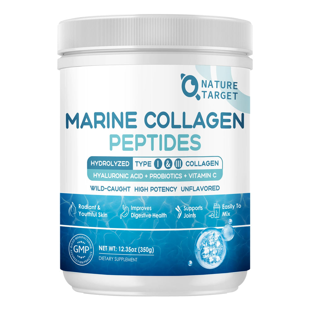 Nature Target Marine Collagen bottle with triple formula for skin and hair support.