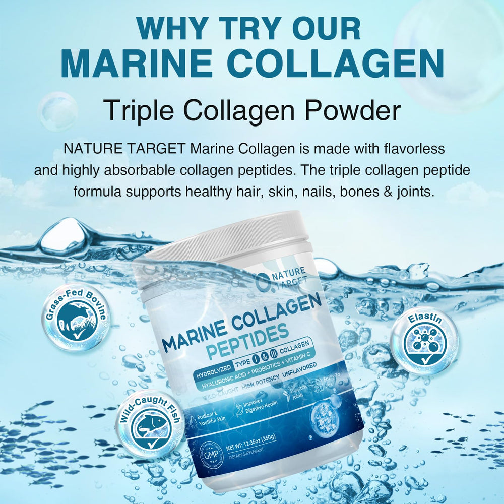 Nature Target Marine Collagen powder dissolving easily in beverages.