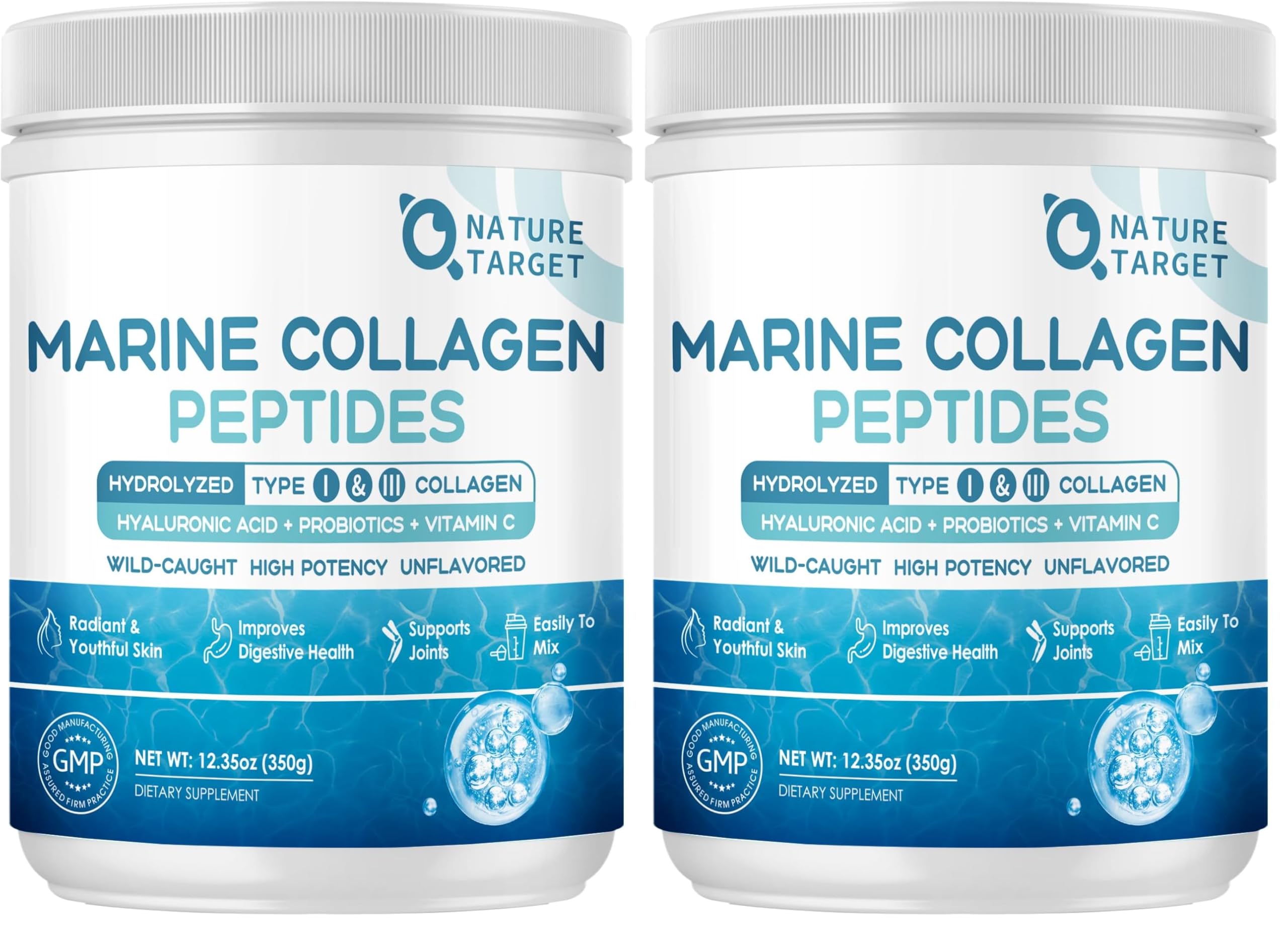 Nature Target Marine Collagen Powder pack two tubs ready for daily use, enhanced routine.
