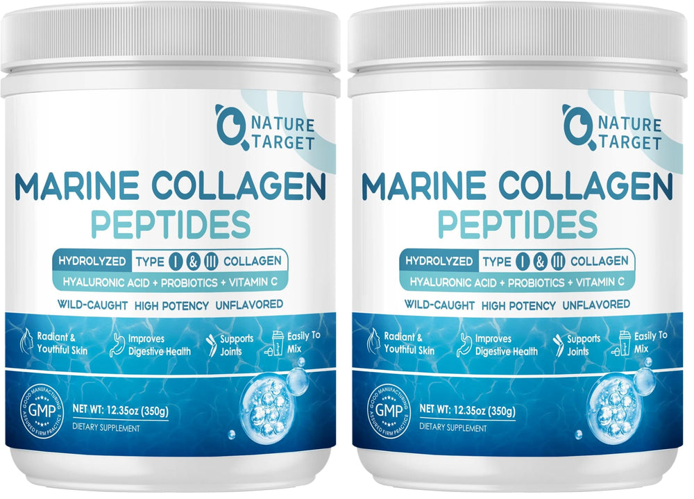 Nature Target Marine Collagen Powder pack two tubs ready for daily use, enhanced routine.