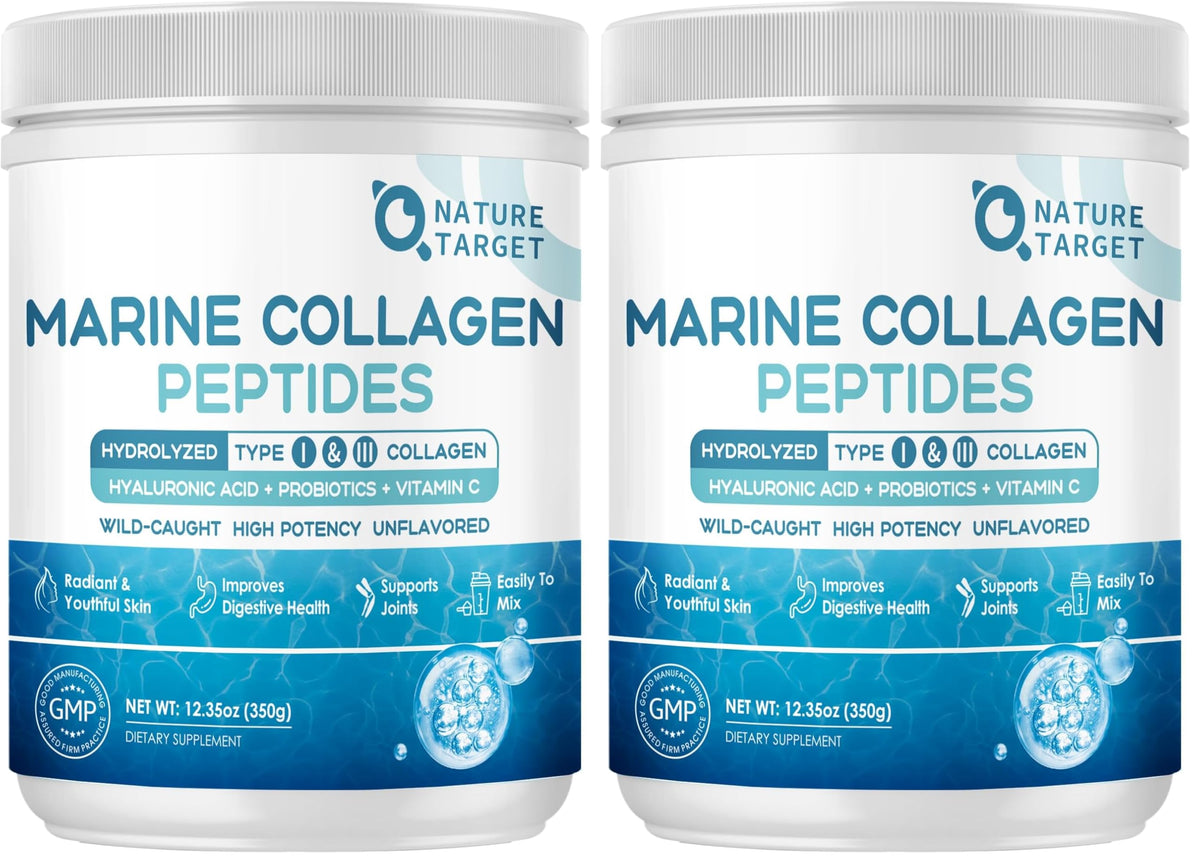 Nature Target Marine Collagen Powder pack two tubs ready for daily use, enhanced routine.