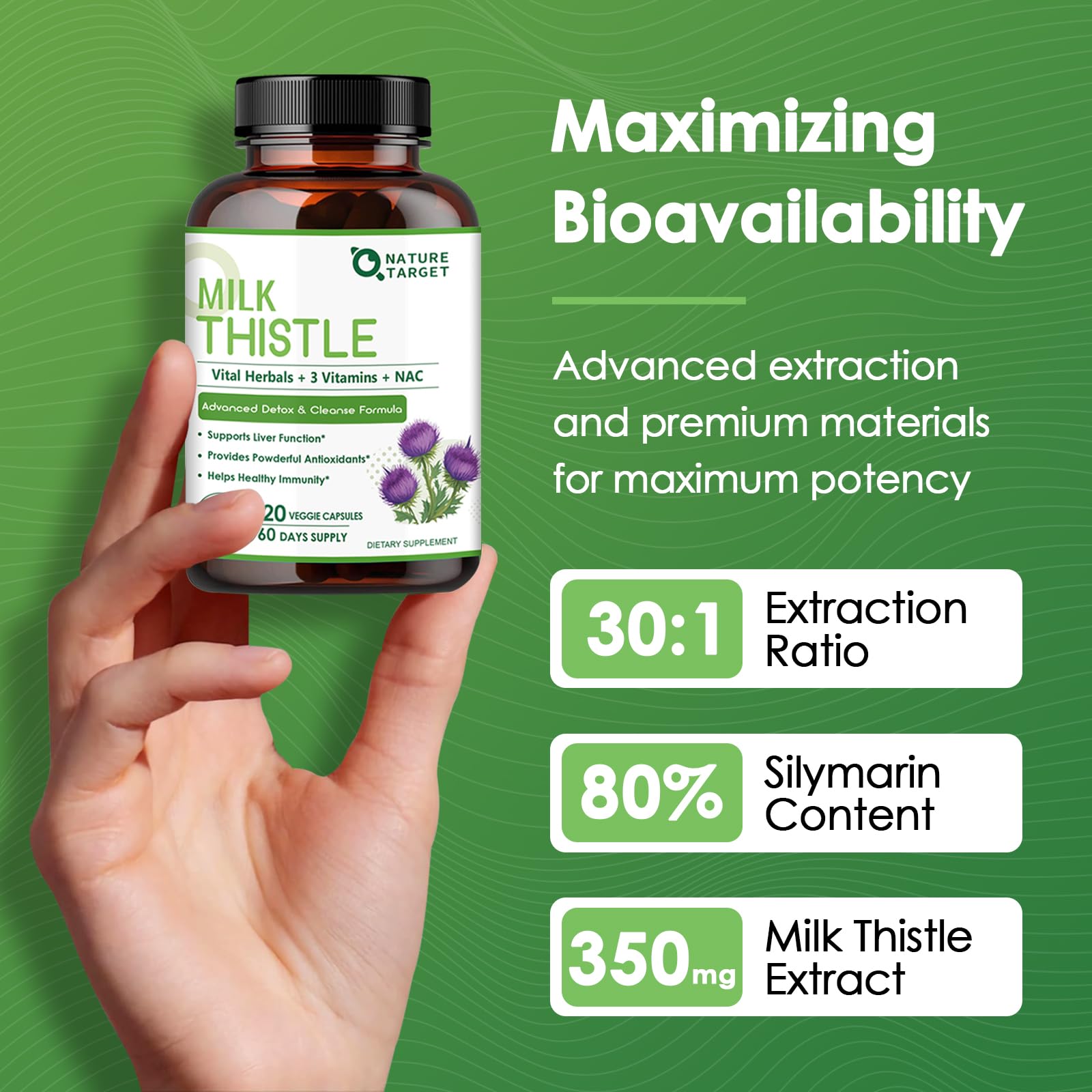 NATURE TARGET Milk Thistle label showing 350 mg extract and 120 capsules.