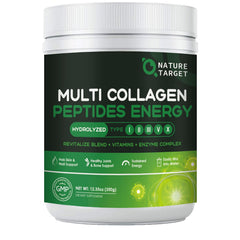 Nature Target Multi-Collagen-Powder bottle promotes smoother skin and energized days.