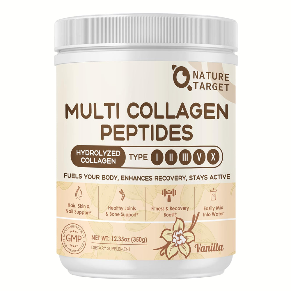 Nature Target multi collagen vanilla tub closeup showcasing skin and joint support