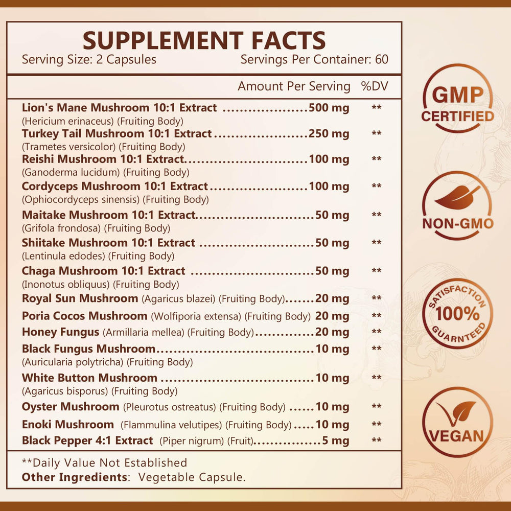 Nature Target 14-in-1 blend close-up with Lion's Mane and mushrooms