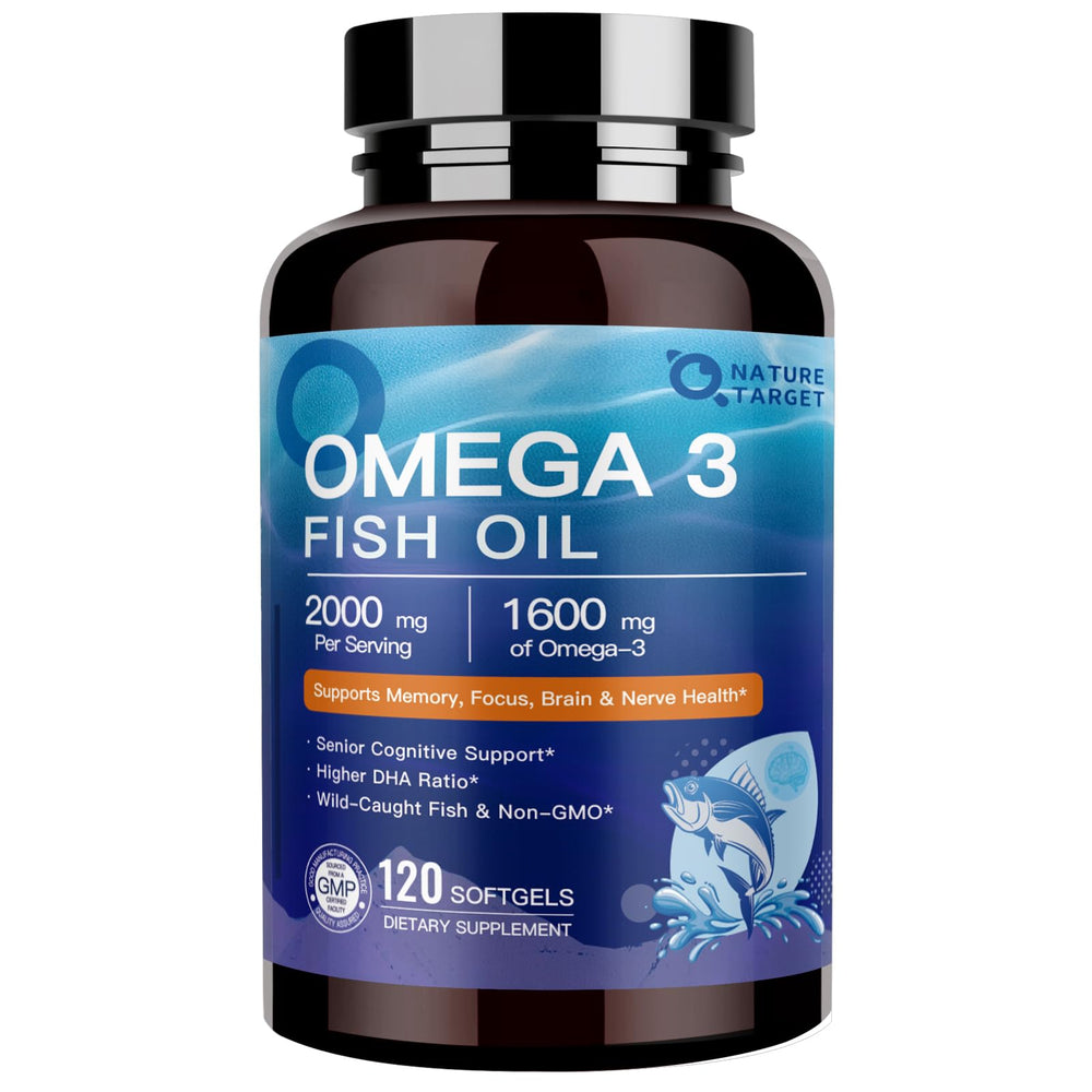 Nature Target Omega-3 softgels bottle for daily, pure heart and brain support.