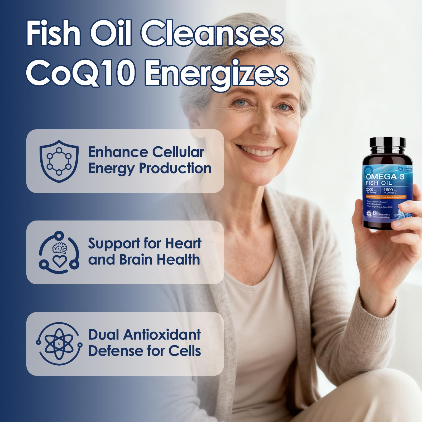 Nature Target Omega-3 capsules close-up showing enteric coating for easier digestion.