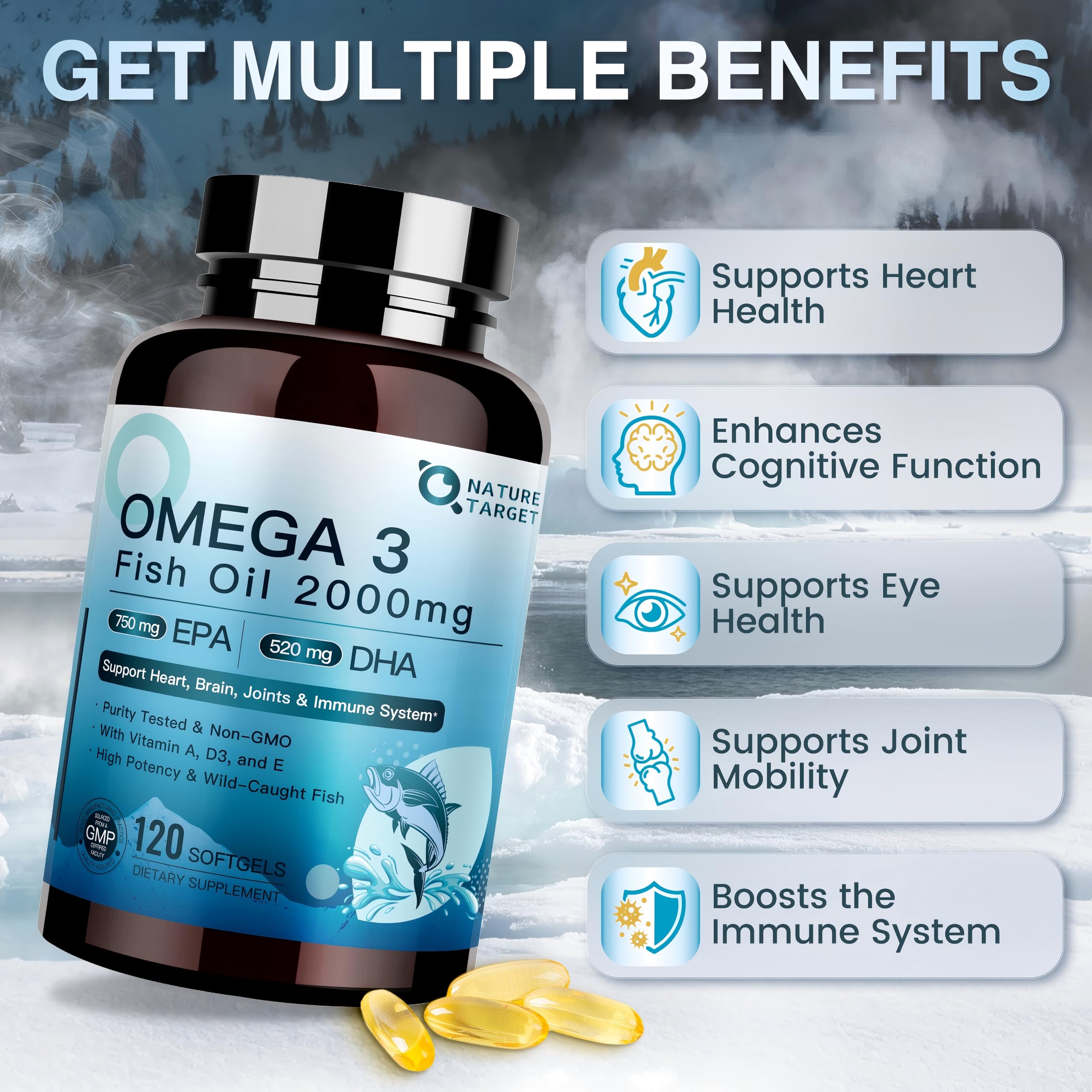 Nature Target Omega-3 full label reveals EPA/DHA ratio for balanced wellness.
