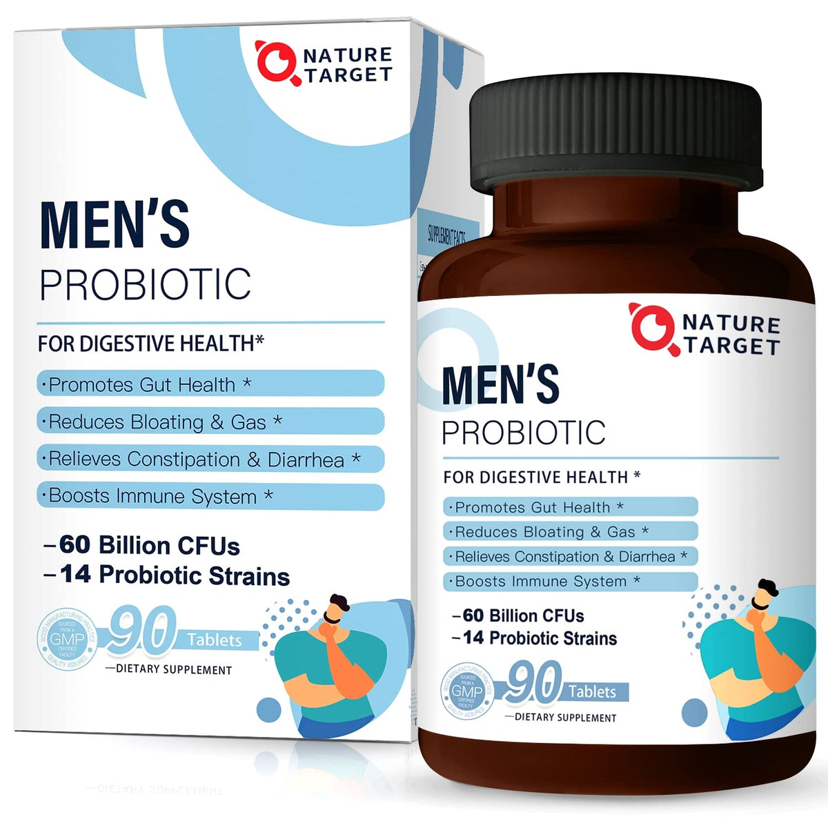 Nature Target Probiotics for Men bottle closeup showing a potent 60 billion CFUs formula.