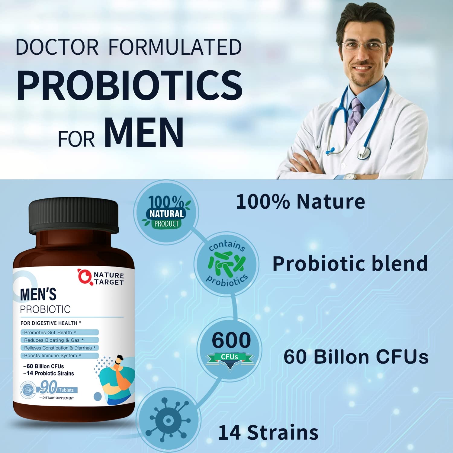 Nature Target Probiotics for Men gluten-free and soy-free ingredients.