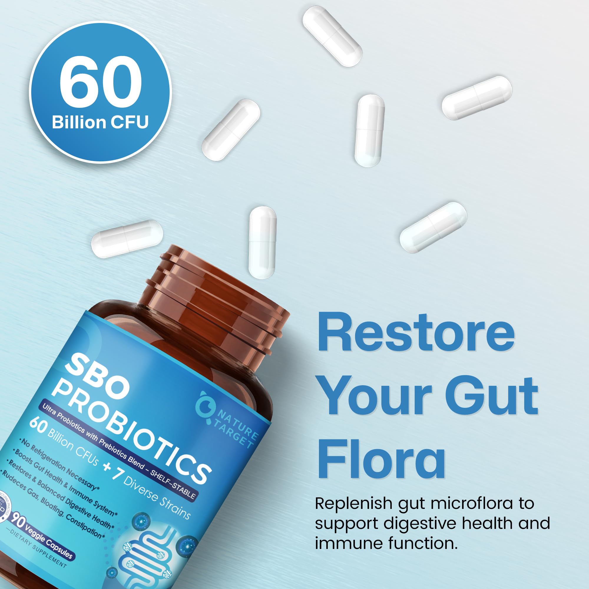 Nature Target Probiotics shelf-stable bottle, no refrigeration needed.
