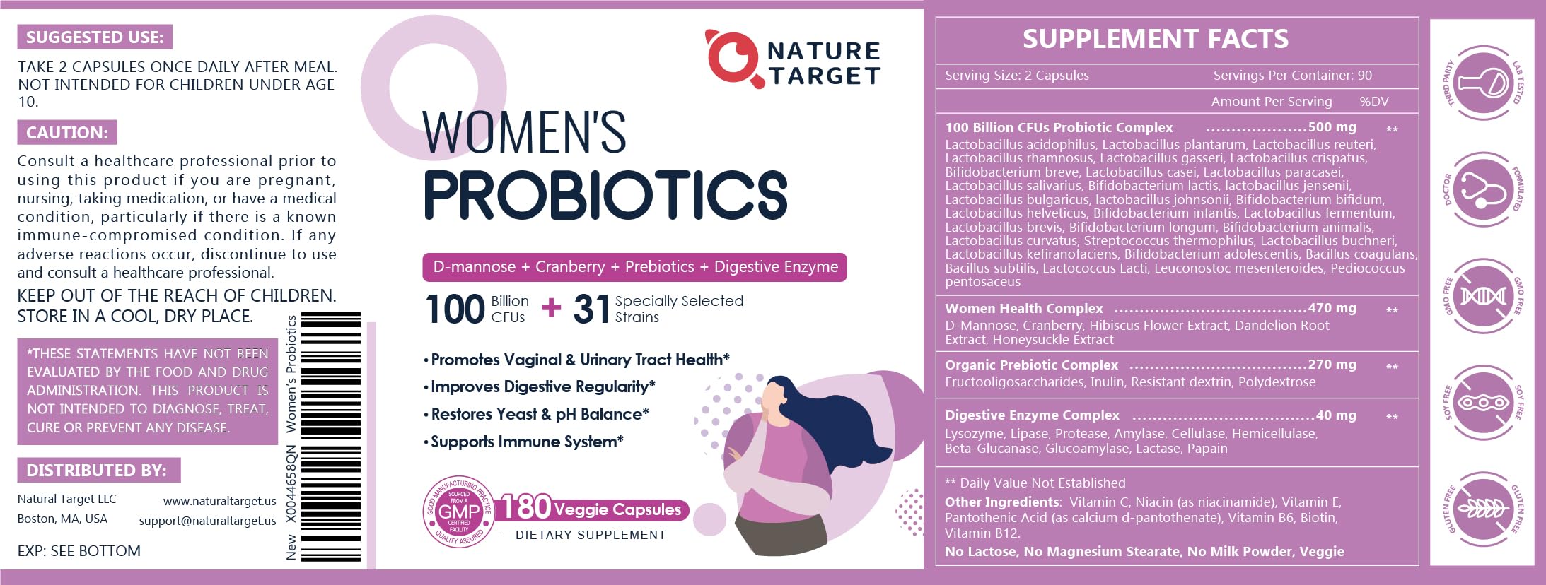 Nature Target Probiotics veggie capsules showcase dairy-free design for daily use.