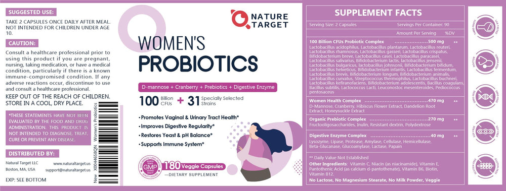 Nature Target Probiotics veggie capsules showcase dairy-free design for daily use.