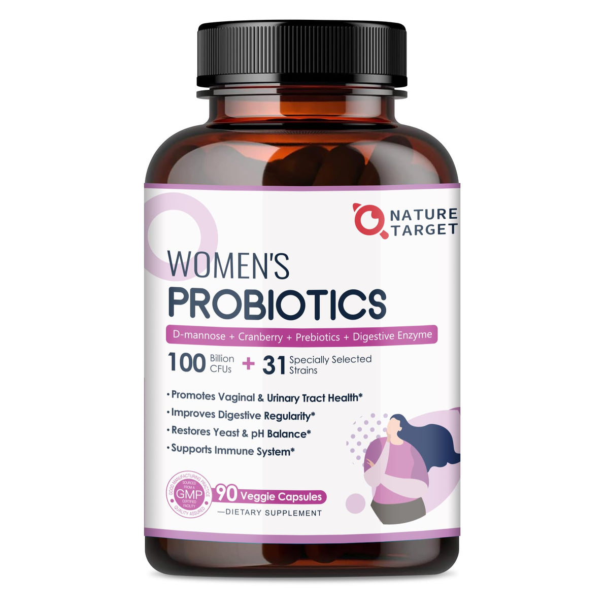 NATURE TARGET Probiotics for Women bottle front promotes daily gut balance.
