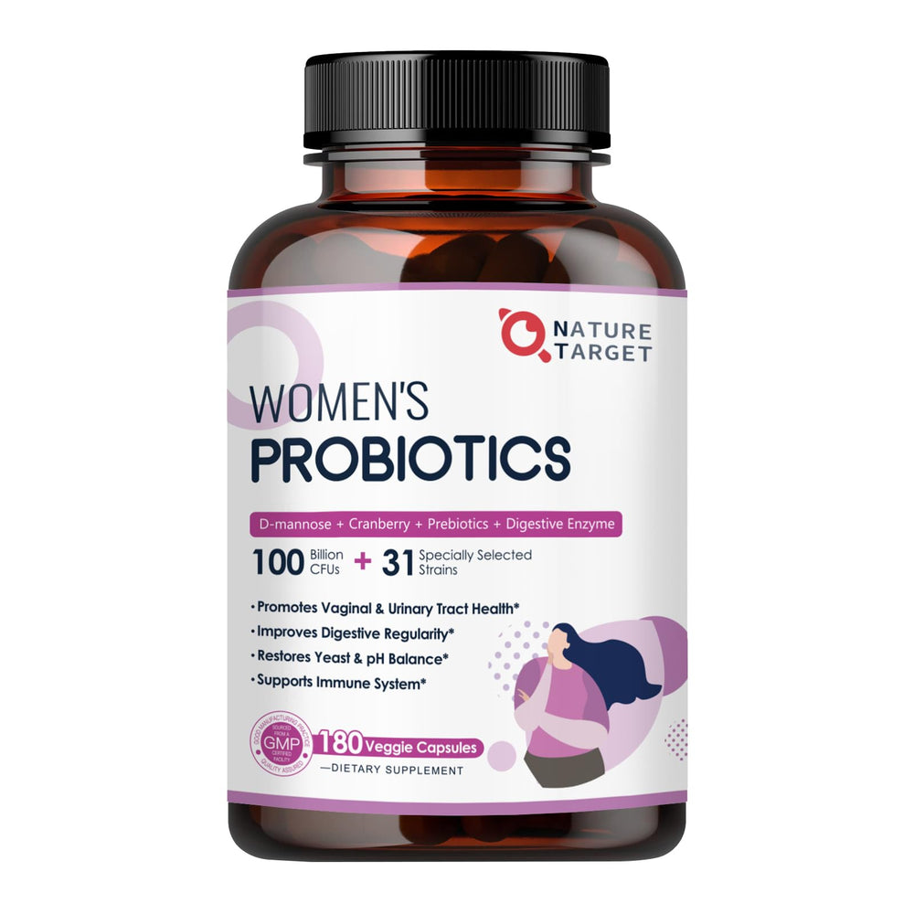 Nature Target Probiotics for Women bottle with capsules promoting gut balance and wellness.