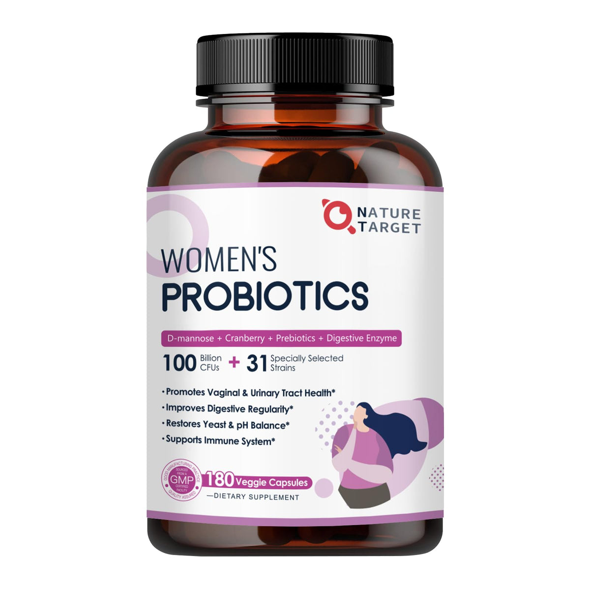 Nature Target Probiotics for Women bottle with capsules promoting gut balance and wellness.