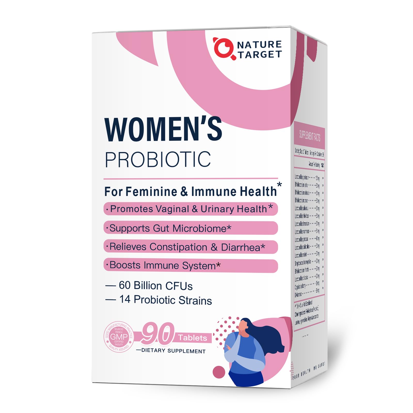 Nature Target Probiotics for Women bottle on table promoting gut balance.